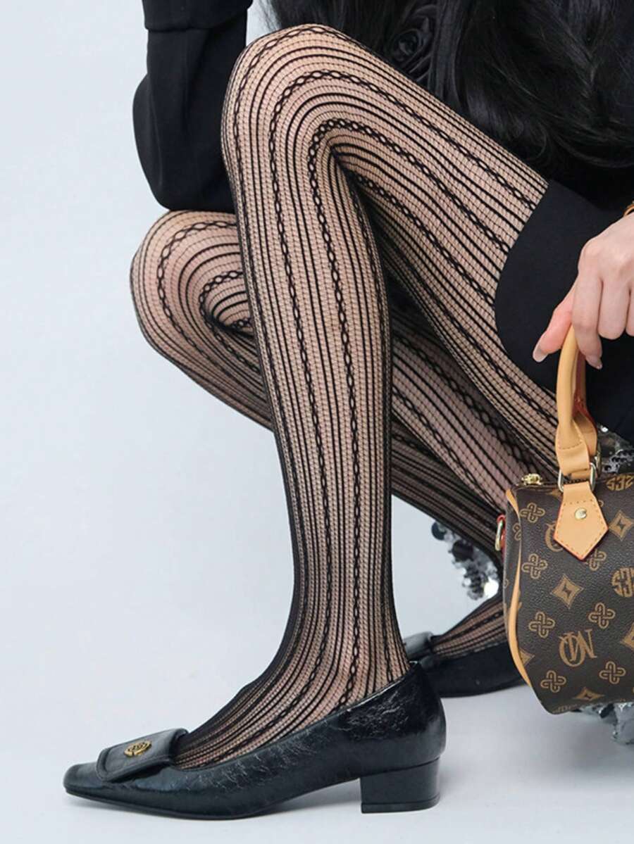 Slimming Striped Pantyhose, Women Fishnet Leggings, Lace Hollow Out Mesh Stockings, High Elasticity Skinny Leggings - Black - View 1
