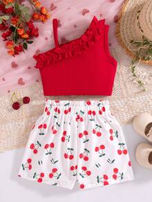 Bộ đồ cho bé gái gồm áo hai dây không tay viền bèo nhún và quần short in hoa hướng dương thắt nơ. - Đỏ và trắng - Xem 2