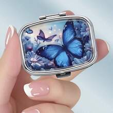 1PC Blue Butterfly Theme Pattern Metal Medicine Box - 2 Grid Portable Drug Storage Box,  Vitamin Organizer, Travel Or Handbag Decorative Gift, Lightweight Design, Special For Daily Medication - Kiểu dáng a - Xem 2