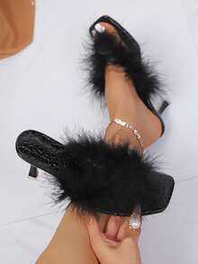 Fashionable Square Toe Fluffy Thong Crocodile Pattern Women High Heel Sandals, Comfortable Versatile Stiletto Summer Slip-On Ladies Sandals, Black Flip Flops - Black - View 7
