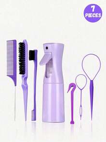 7件套美发造型工具套装，包括200毫升喷雾瓶、顺发梳、蓬松梳、尖尾梳、发际线梳、编发工具、弹性发圈剪钳、一次性发圈取下器、卷发圈取下器 - 彩色 - 查看 2