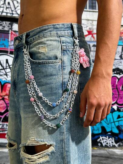 1pc Multi-Layer Chain With Colorful Beads And Pink Bear Charm, Colorful Beaded Pants Chain, Multi-Layer Metal Pants Chain, Pink Bear Pendant, Y2K Pants Chain, Millennium Girl, Bag Chain, Streetwear, Hip Hop Accessory, Silver Chain, Colorful Beads, Dopamine Outfit, Baddie Outfit, Street Accessory, Bag Charm, Keychain, Fashion Jewelry, Unisex, Unique Gift/Birthday Gift