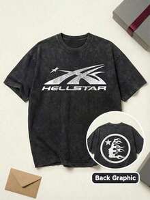 2026 Summer TopsShooting Star Logo Graphic Tee Unisex Couple Matching Boyfriend Style Hell Star Y2K Streetwear Aesthetic Acid Washed Cotton Graphic Tees Men Oversized T Shirt Summer Fits Camisetas Para HombreLoose And ComfortableshirtAnti-Wrinkle Cotton T - màu đen - Xem 1