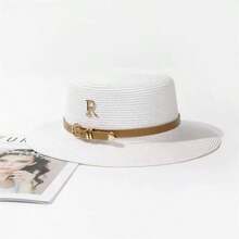 1pc Women's Leather Buckle Strap Letter Decor Straw Hat, Fashionable, Generous, Sweet & Cute, Suitable For Beach, Vacation And Daily Matching, UV Protection - Straw Hat - View 11