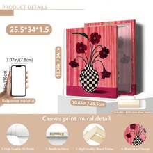 1pc Floral Checkered Vase Print: Berry Pink Wall Decor, Suitable For Home Decor, Room Decor, Bedroom Decor, Living Room Decoration, Bathroom Decor, Wall Decor, Optional Wall Art With Frame. - Multicolor - View 18