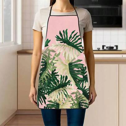 1pc Spring Leaf Print Apron, Pink & Green Contrast Color All-Over Print, Durable Cooking Apron Suitable For Bakers, Cake Decorators, BBQ Enthusiasts, Gardeners, Painters, Manicurists - Perfect Gift For Home And Professional Chefs