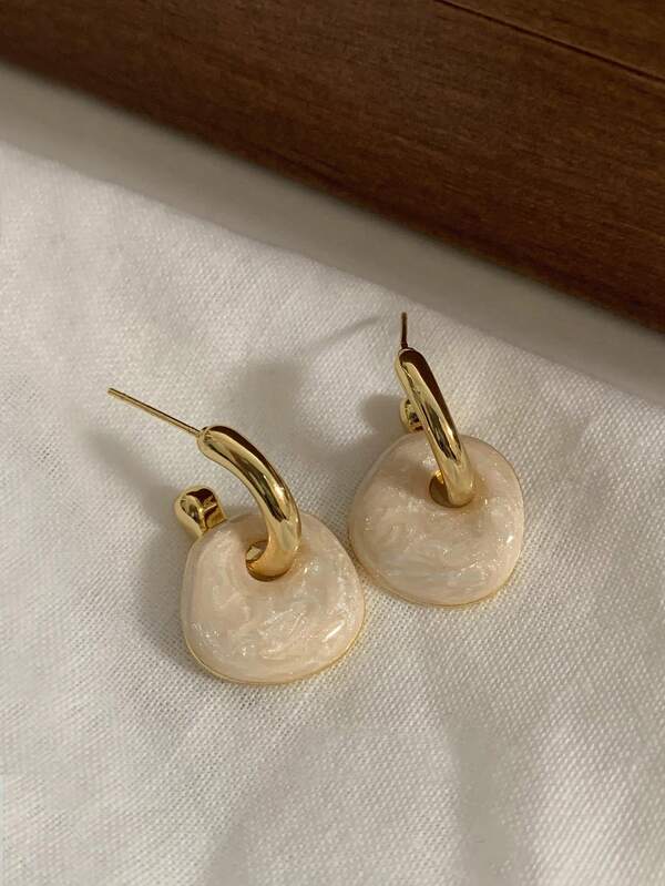 1 Pair Elegant French Retro White Glazed Geometric Metal Unique Design Fashion Earrings, Suitable For Women's Daily Commute And Casual Wear