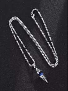 1pc/Fashion Unisex Blue Stone Pendant Necklace With Stainless Steel Chain, Geometric Design, Perfect As A Boyfriend/Girlfriend Gift, Party Accessory, Summer Fashion Essential - Multicolor - View 3