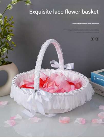 1pc Elegant White Lace Flower Girl Basket, Plastic Wicker Weaving Bride's Gift Wedding Prop, With Ruffle Trim And Bow Detail, Suitable For Wedding, Party Decor And Supplies