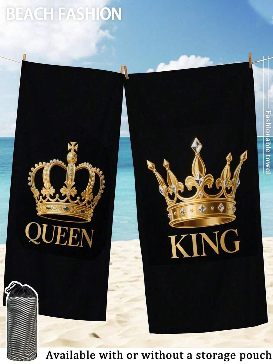 [Soft & Quick Dry] 250gsm Microfiber Beach Towel | 70*140cm/90*180cm Available | 2pcs/1pc Crown Couple Beach Towel | High Absorbency Portable Swimming Towel, Bathroom Decor, Beach Towel | Suitable For Summer Beach, Swimming, Travel, Camping, Fitness - Crown - View 1
