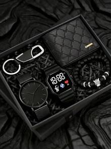 2pcs/3pcs/5pcs Men's Watch Gift Set, Ultra-Thin Quartz Watch With Scale Display And Sports Digital Watch, Multilayer Luxury Wallet, Coin Purse And Bracelet, Business Party, Suitable For Holidays, Birthday Gifts, High-End Gift Box, Father's Day, Valentine's Day - Black - View 10