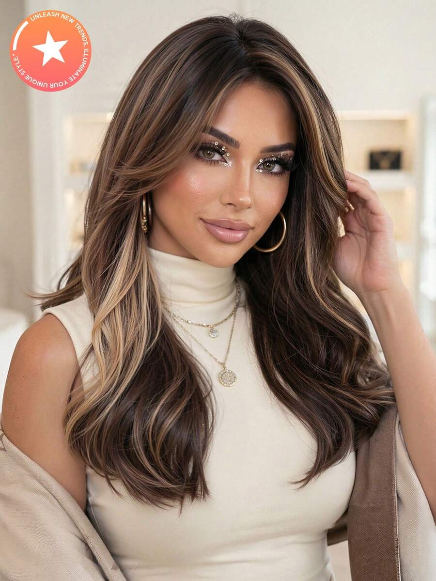 Peluca sintética de 20 pulgadas de largo con ondas de agua y flequillo, con reflejos marrones - resistente al calor, aspecto natural para mujeres y hombres - perfecta para uso diario y fiestas de Halloween - Resaltar marrón - Ver 1