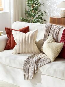 1/2pcs Decorative Throw Pillow Cover, Caramel Corduroy Embossed Striped Pattern, Sofa Cushion Cover, Office, Living Room - Burnt Orange - View 8