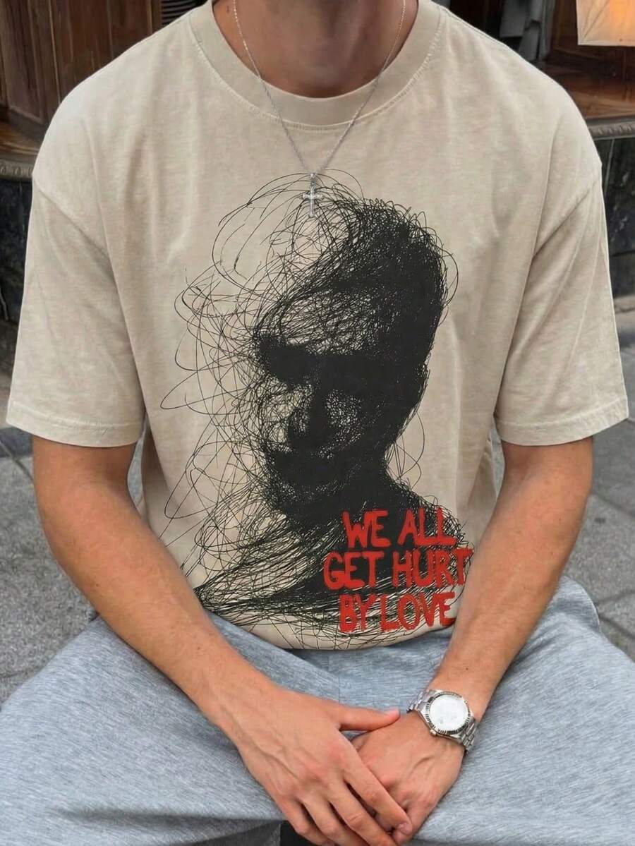 男士夏季街头时尚涂鸦人物字母印花T恤，米色 - 杏色 - 查看 1