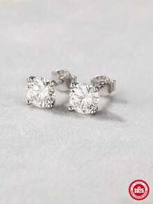 1 Pair Elegant Moissanite 925 Sterling Silver 4-Prong Stud Earrings, Suitable For Anniversary, Birthday, Wedding Gift - Silver - View 6