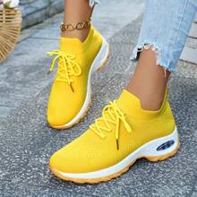 Women's Breathable Lightweight Sneakers - Low-Top Lace-Up Design For Summer, Lightweight Sole Suitable For Running, Walking, Tennis And Casual Wear, Fashionable And Comfortable Fitness Shoes, Fashionable Style, Soft Material, A Must-Have For Fitness Enthusiasts, Fashionable And Versatile Travel Shoes - 黃色 - 查看 2