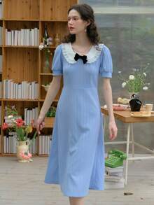 Simple Retro Đầm nữ kiểu búp bê phối màu thắt nơ, phong cách nghỉ mát - Màu xanh lam - Xem 4
