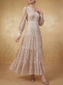 Đầm dài tay cổ chữ V thanh lịch dành cho nữ, phối ren hoa, dáng ôm, xẻ tà, thích hợp cho mùa xuân. - Màu be - Xem 3