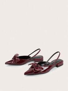 Women's High Heels, Women's Flats, Burgundy Shoes, Faux Leather Upper With Bow Embellishment, Non-Slip Rubber Sole, Comfortable And Durable, Versatile Style, Suitable For Dates, Dances, Parties, And Outings. Local Warehouse Available. - Màu Đỏ Sâu - Xem 5