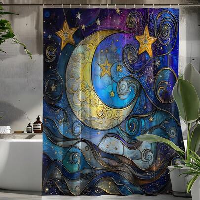 1件月亮图案浴帘，高品质家居装饰浴帘，现代风格浴室配套浴帘，四季通用浴帘，带12个挂钩