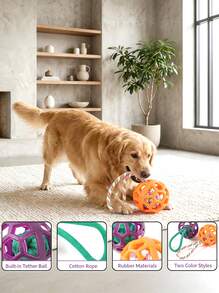 PETSIN Juguete masticable de TPR para perros, pelota de nudo de goma resistente con mango de cuerda trenzada, juguete para mascotas hueco de alta elasticidad para moler los dientes y entrenamiento, recomendado para perros medianos - Multicolor - Ver 2