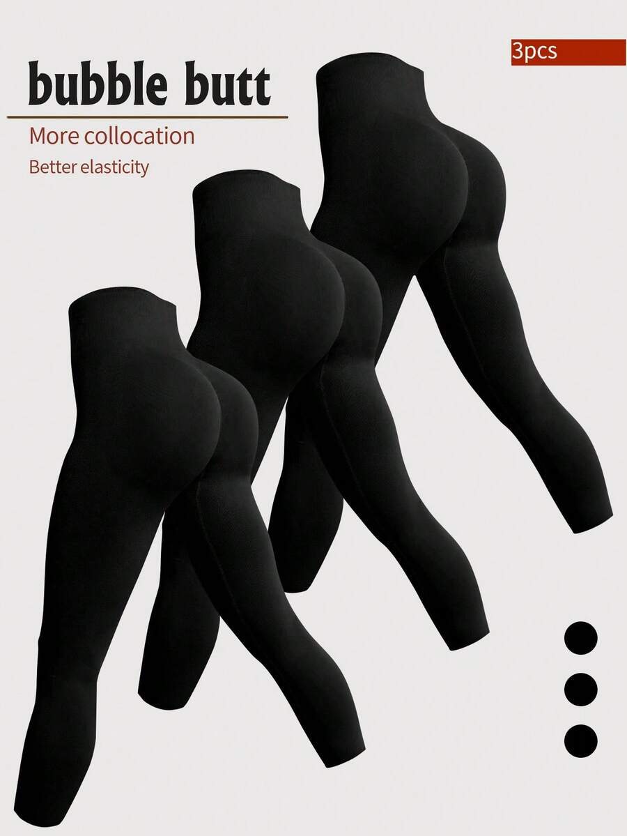 3pcs Black Seamless Stretchy Sports Leggings, Lightweight And Elastic To Enhance Butt And Abdomen Lines Fall