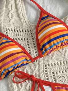Sexy & Vibrant Rainbow Striped Bikini Set 2pcs - Triangle Top With Thin Straps & Low Waist Side-Tie Bottom | Beach Vacation Swimwear For Women Summer - Multicolor - View 5