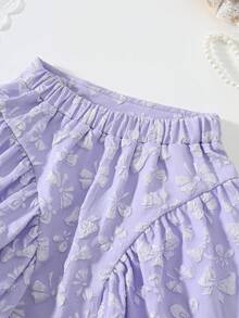 2pcs/Set Girls' Asymmetric Single Strap Bow Decor Top And Floral Bow Leg Ruffle Shorts Set, Suitable For 3-7 Years Old, Cute Minimalist Style For Spring/Summer - Mauve Purple - View 10