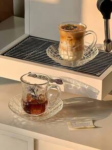 Bộ 1 tách cà phê và đĩa lót tối giản, tách và đĩa lót thủy tinh dệt kẻ caro sáng tạo độc đáo, ly thủy tinh có tay cầm kiểu retro kèm đĩa lót, tách sữa uống sáng gia đình, tách nước văn phòng, tách nước ép cao cấp sang trọng, tách trà chiều tinh tế, tách trà hoa. - trong suốt - Xem 3