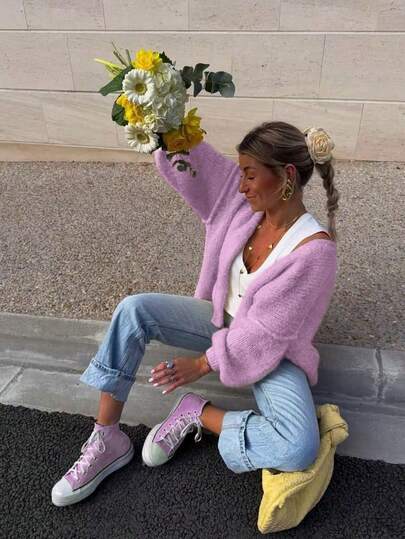 Luźny, swobodny, dzianinowy kardigan z odkrytymi ramionami, żywe kolory, swobodny, energetyczny styl, sweter na jesień/zimę, odzież wierzchnia, damski strój na walentynki