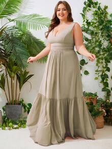 Vestido de dama de honor elegante de gasa con cuello en V y volantes de unicolor para mujer de talla grande, vestido de noche con volantes para invitada de boda, dama de honor, ocasión formal, evento, boda, fiesta, primavera/verano/otoño - Caqui - Ver 5