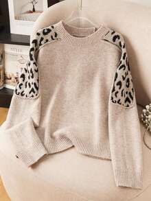Women Beige Black Leopard Print Fleece Sweater Raglan Sleeve Round Neck Comfortable Warm Pullover Autumn Winter Casual Cozy Essential Top - Màu be nhạt - Xem 6