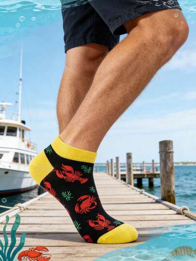 1 par de calcetines de hombre con contraste de color negro y amarillo con estampado de mariscos, versátiles para uso diario, para todas las estaciones