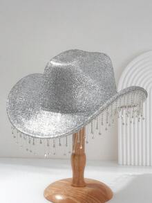 1PC Men's And Women's Unisex Rhinestone Tassel Distressed Shiny Cowboy Hat, Novelty Fun Punk Style Wide Brim Hat Bridesmaid Hat Bride Hat Gift Hat Cowgirl Hat, Suitable For Parties, Western Themed Events, Gatherings, Engagement Parties, Cosplay, Graduation Ceremonies, Masquerade Balls, Festivals, Weddings, Birthday Celebrations, Music Festivals, Coming-Of-Age Ceremonies - Solid Color - View 4