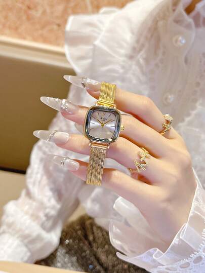 1pc Women's Elegant Stainless Steel Strap Square Dial Classic Luxury Gold Quartz Wrist Watch, Suitable For Daily And Work Wear, Ideal Gift For Holidays