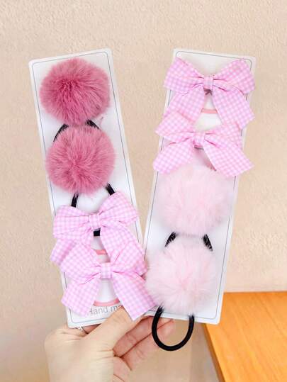 8个/套粉色可爱蝴蝶结发圈，清新粉色搭配可爱绒球蝴蝶结发绳，可爱又充满活力——适合女孩和女士，适用于日常通勤、校园生活、派对外出、约会、街头漫步等各种日常发型需求，轻松打造可爱氛围，婚礼季必备