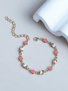 1 pièce Nouveau bracelet en alliage à double couche avec rose et tulipe en émail dans le style Ins pour femmes, bijou fait main avec chaîne en forme de cœur multicolore DIY - tulipe - View 8