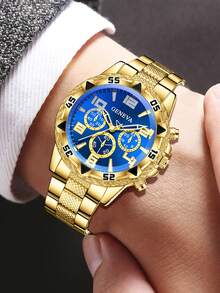 2pcs/Set Men's Quartz Watch Set, Refined Gold & Silver Design, Stainless Steel Strap, Durable & Fashionable, Suitable For Business, Casual, Holiday And Formal Occasions, Great Gift For Father's Day Or Valentine's Day - Gold - View 4