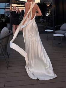 优雅露背休闲性感约会度假婚礼雪纺吊带连衣裙，适合婚礼、度假、夏季、婚宴等场合 - 杏色 - 查看 6