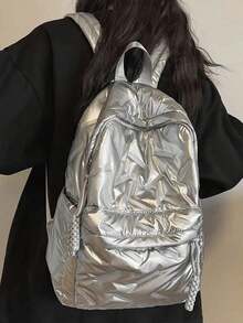 Mochila para estudiantes, nuevo estilo clásico universitario, diseño de unicolor y patrón de diamante, mochila de gran capacidad con múltiples bolsillos, también adecuada para viajes y vacaciones, adecuada para uso en el campus. Adecuada para viajes cortos - Plateado - Ver 3