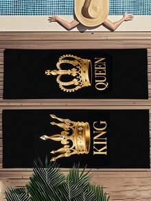 [Soft & Quick Dry] 250gsm Microfiber Beach Towel | 70*140cm/90*180cm Available | 2pcs/1pc Crown Couple Beach Towel | High Absorbency Portable Swimming Towel, Bathroom Decor, Beach Towel | Suitable For Summer Beach, Swimming, Travel, Camping, Fitness - Crown - View 2