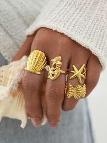Uself Set de 4 anillos de acero inoxidable 304 chapados en oro de 18K con estilo oceánico, con textura de concha de sirena y estrella de mar, regalo para fiestas en la playa y vacaciones para mujeres - Multicolor - Ver 4
