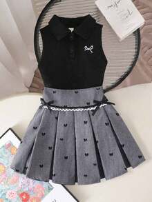 2pcs/Set Girls' School Style Bow Embroidered Sleeveless Top And Bow Decor Skirt Set, Summer - Black - View 13