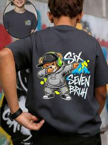 Camiseta infantil com estampa de ursinho de pelúcia "SIX SEVEN BRUH" para adolescentes. Ideal para uso casual, na rua, na escola e em eventos. Camiseta estilosa de verão para meninos. - Cinza escuro - Ver 3