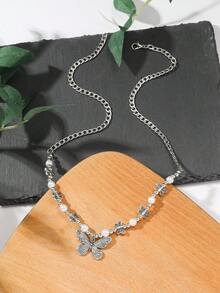 新款时尚仿珍珠蝴蝶项链，个性化复古嘻哈吊坠项链，女士款 - 蝴蝶珍珠項鍊 - 查看 4