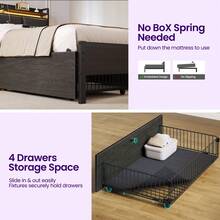 GREENSTELL Bed Frame Twin Size With Charging Station And LED Lights, Upholstered Storage Headboard With Drawers, Heavy Duty Metal Slats, No Box Spring Needed, Noise Free, Easy Assembly, Bedroom Deroc - Dark Grey - View 7