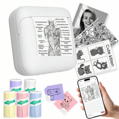 无线迷你便携式即时热敏打印机 - 附赠5卷彩色色带，支持无线/USB移动打印，打印效果出色，适用于照片、收据、移动办公和学习，设计小巧便携。