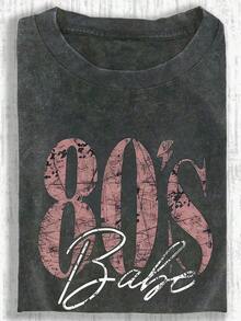 Camiseta gráfica retro de los 80 para mujer de talla grande - Camiseta holgada de talla grande con estampado de letras grandes, de manga corta, cuello redondo, lavada, adecuada para todas las estaciones, lavable a máquina, cómoda, ajuste relajado, diseño divertido, tela de algodón, adecuada para uso diario, estilo de ropa de calle retro, negro de verano - Negro - Ver 4