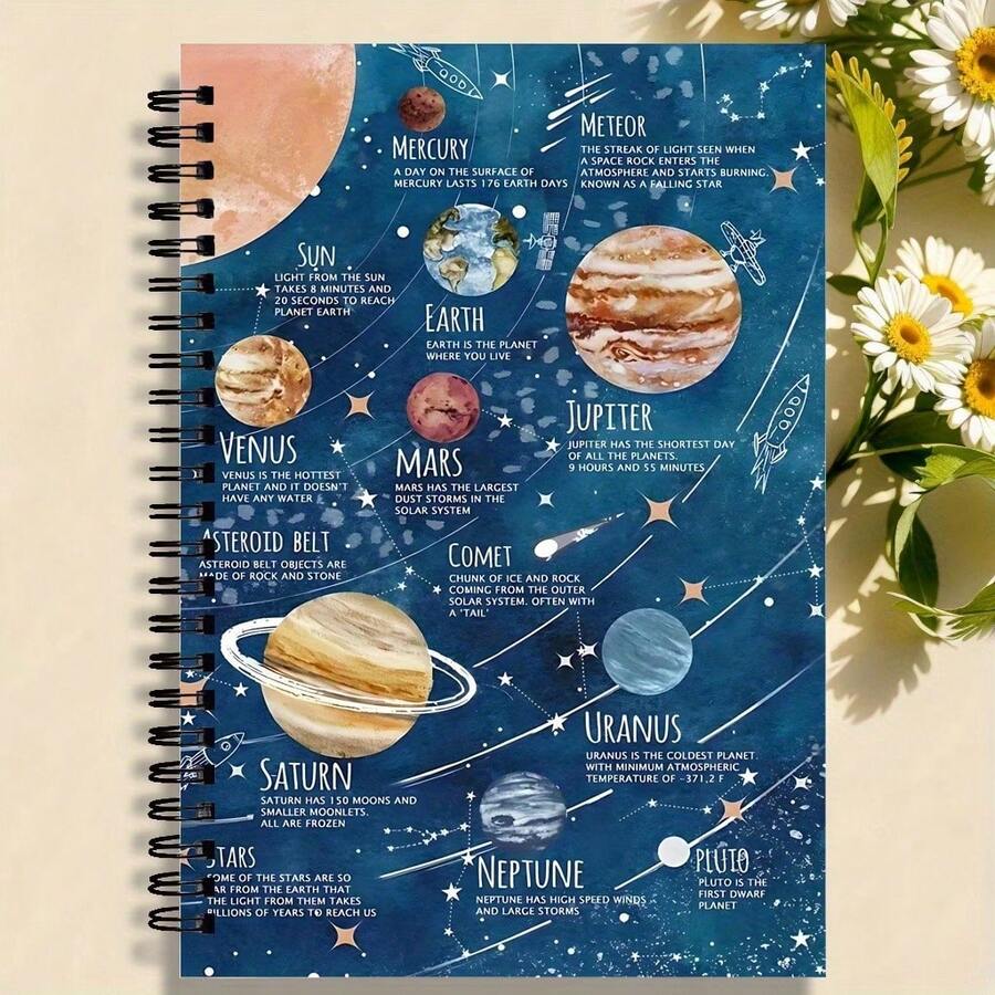 太阳系螺旋笔记本 - 大学标准横格笔记本，配有彩色行星插图和科普信息，采用优质纸张，适合学校、办公室、天文爱好者 - 是送给学生、老师、朋友的完美礼物，也是太空主题礼物的理想之选。 - E - 查看 1