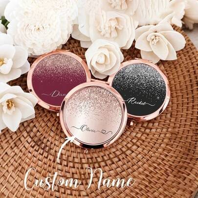 Customizable Name Party Gift Makeup Mirror, Women's Essential Travel Accessory, Bathroom Small Mirror, Outdoor Compact Makeup Mirror, Mini Mirror In Cosmetic Bag